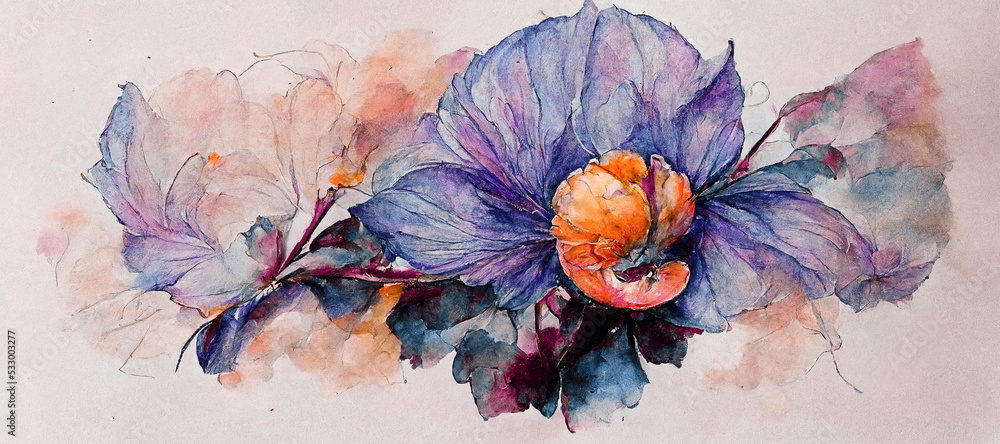 Spectacular piece of digital art 3D illustrator showing purple and orange flower in water color for 