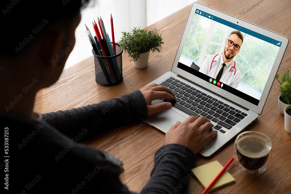 Doctor video call online by modish telemedicine software application for virtual meeting with patien