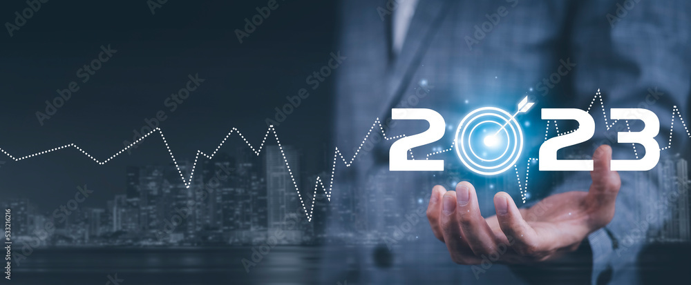 Business touch target and number new year2023, innovative idea of ​​inspiration from online technolo