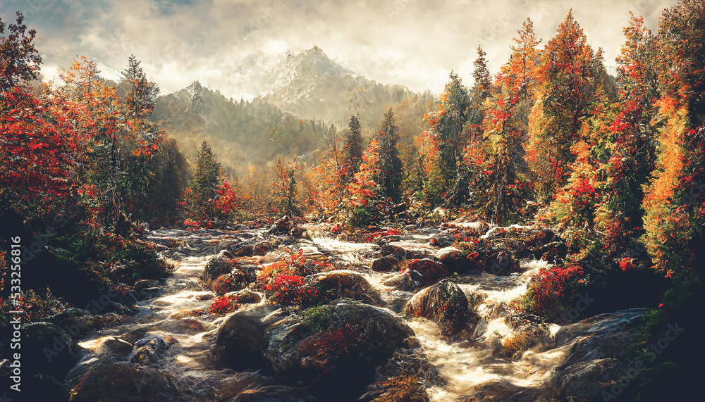 Spectacular autumnal forest panorama with a mountain range in the distance, bright orange leaves on 