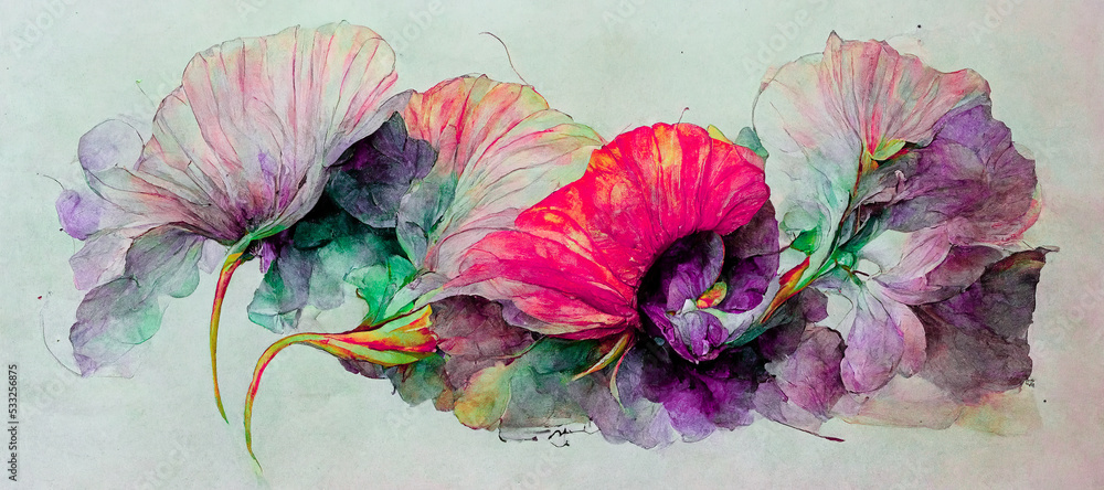 Spectacular watercolor painting of multicolored flower features with magenta green pastel red and pu