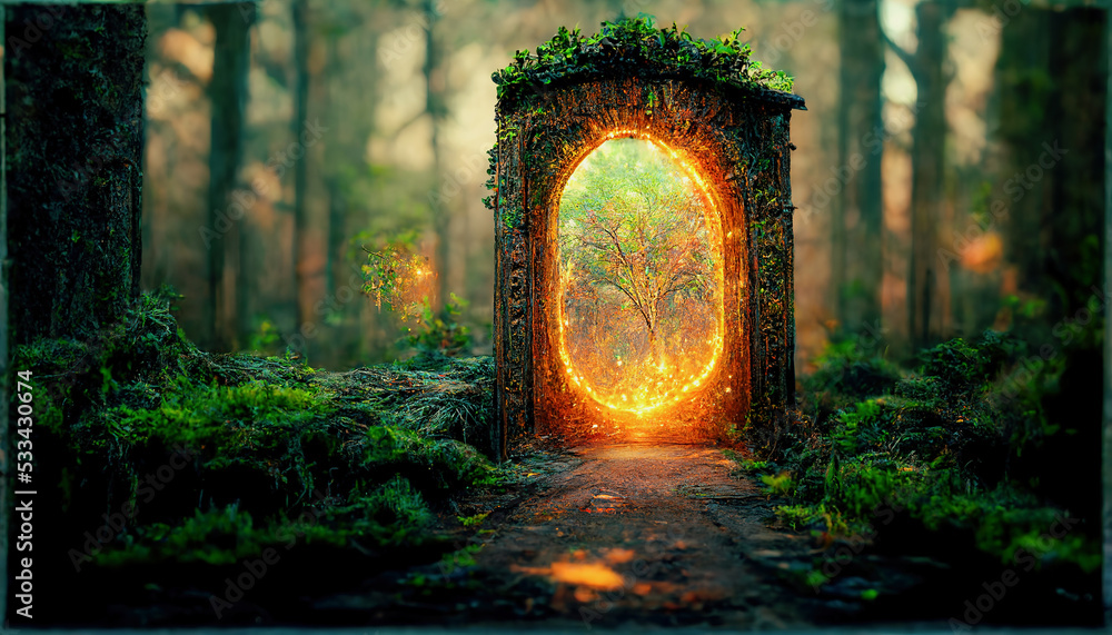 Spectacular fantasy scene with a portal archway covered in creepers. In the fantasy world, ancient m