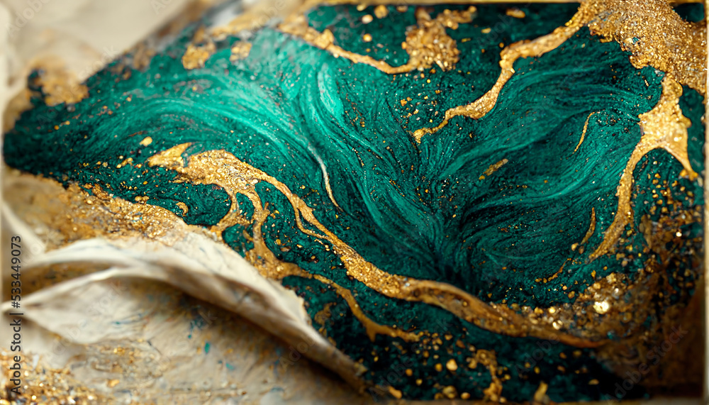 Spectacular realistic abstract backdrop of a whirlpool of teal and gold. Digital art 3D illustration