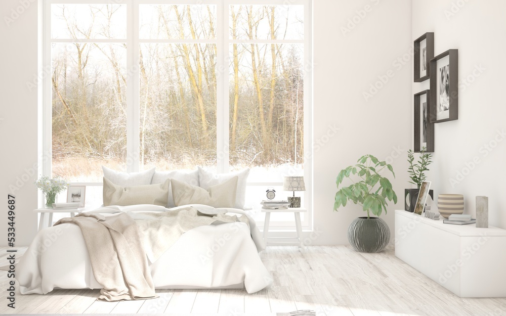 Stylish bedroom in white color with winter landscape in window. Scandinavian interior design. 3D ill