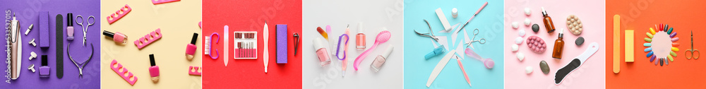 Set of supplies for manicure and pedicure on color background