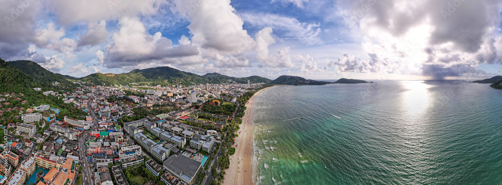 Aerial view panorama of amazing beach with people relax on the beach, Beautiful Patong beach Phuket 