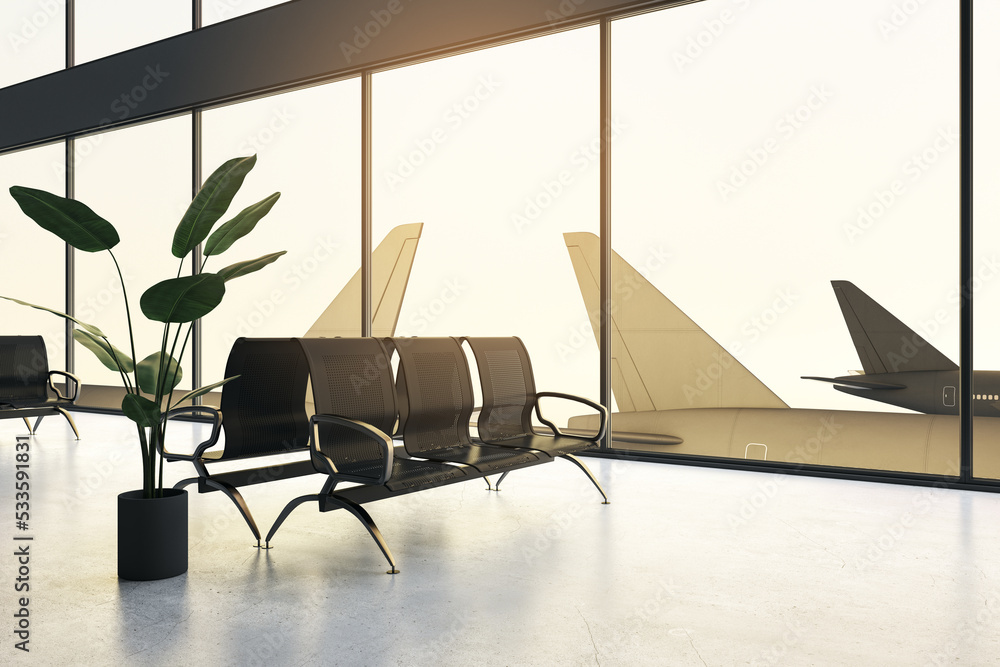 Perspective view on empty seats and green flower on concrete floor in airport lounge with aircraft t