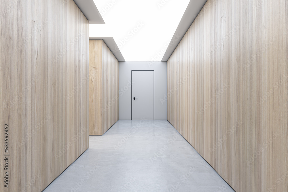 Contemporary hardwood hallway interior with mock up place on wall. Design and texture concept. 3D Re