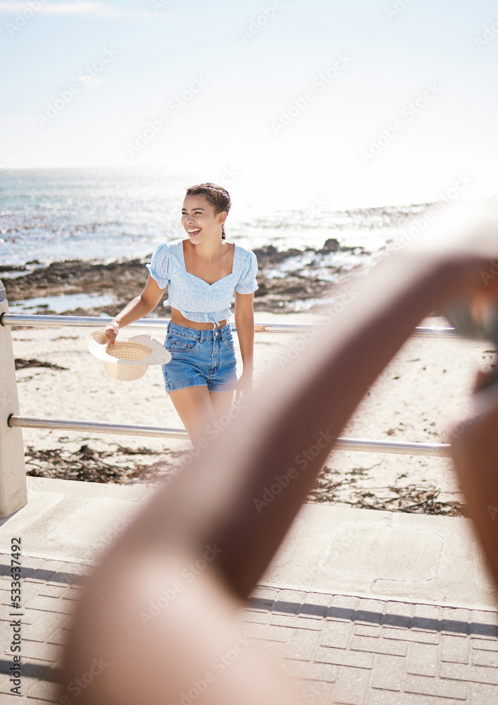 Beach travel photography of social media woman influencer on summer holiday or seaside water vacatio