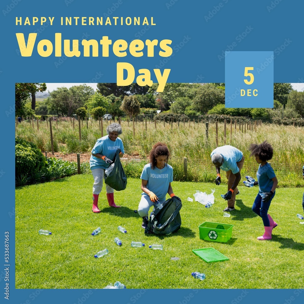 Composition of international volunteer day text and diverse group of volunteers recycling plastic