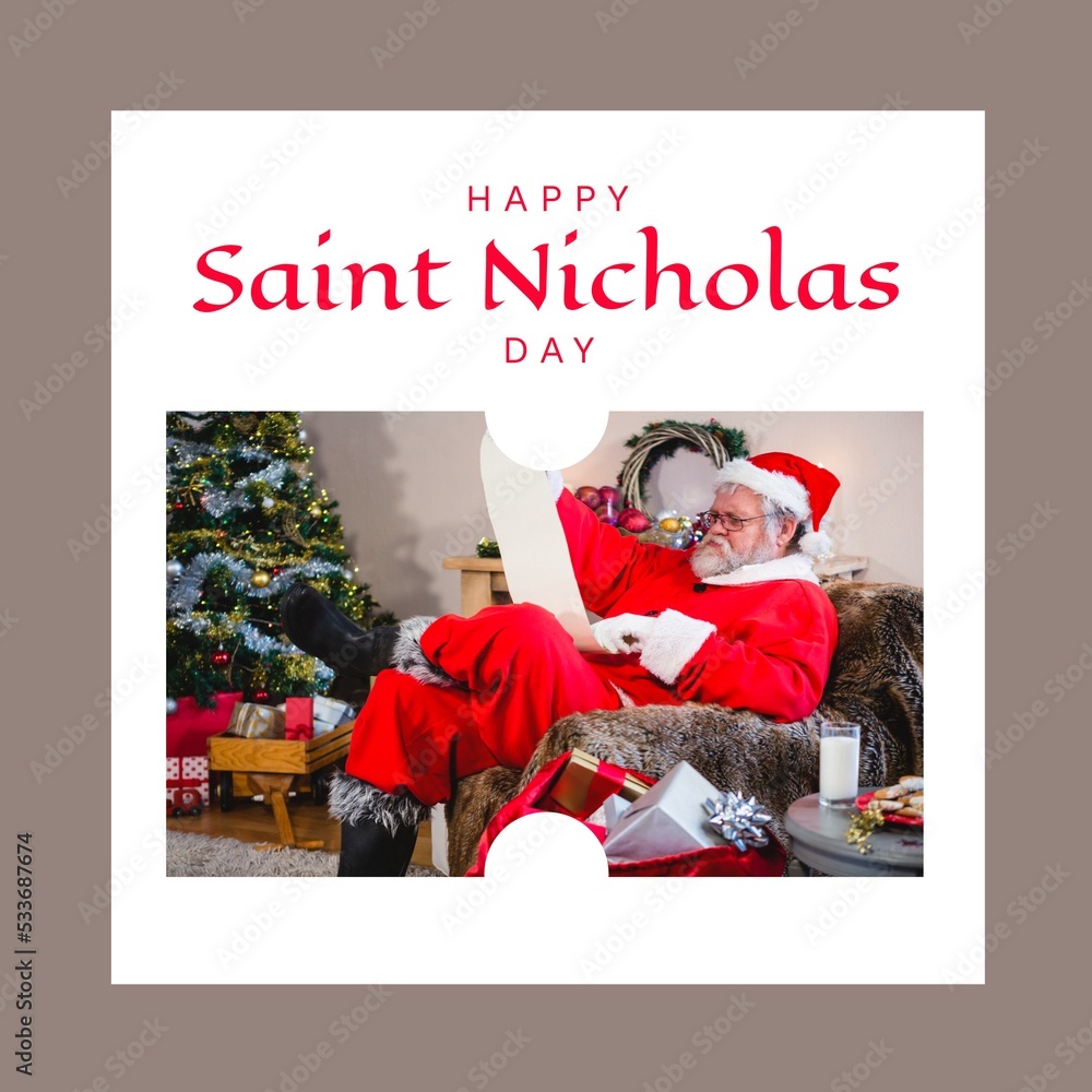 Composition of saint nicholas day text over santa claus reading scroll