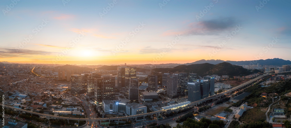 中国青岛现代城市建筑航拍夜景