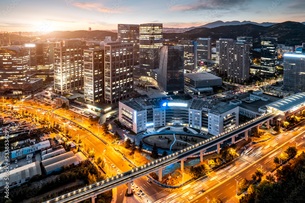 中国青岛现代城市建筑航拍夜景