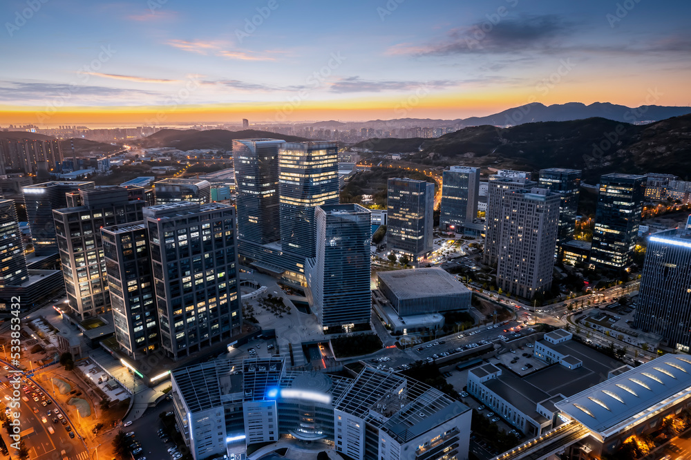 中国青岛现代城市建筑航拍夜景