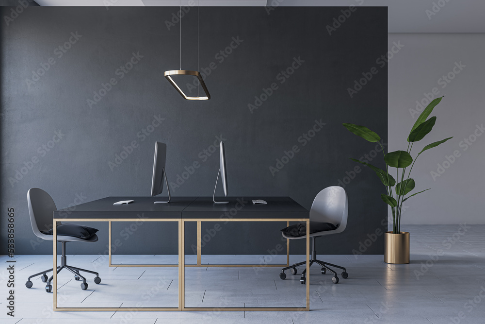 Modern meeting room office interior with furniture, computers. Workplace, law and legal concept. 3D 