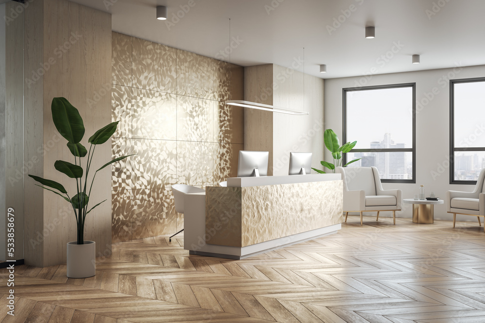 Perspective view on stylish reception zone in spacious sunlit golden shades office with green plant 