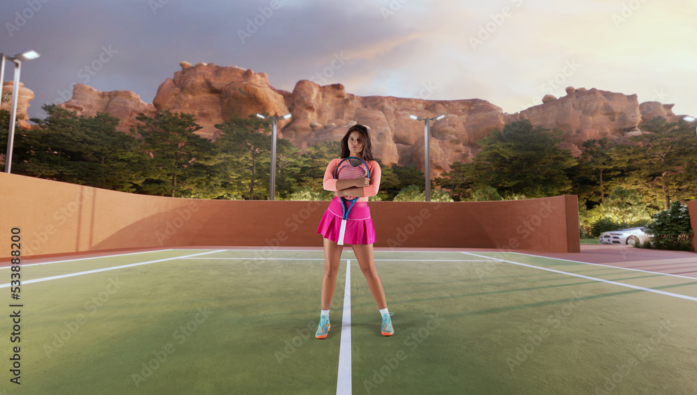 Woman playing tennis in professonal tennis court