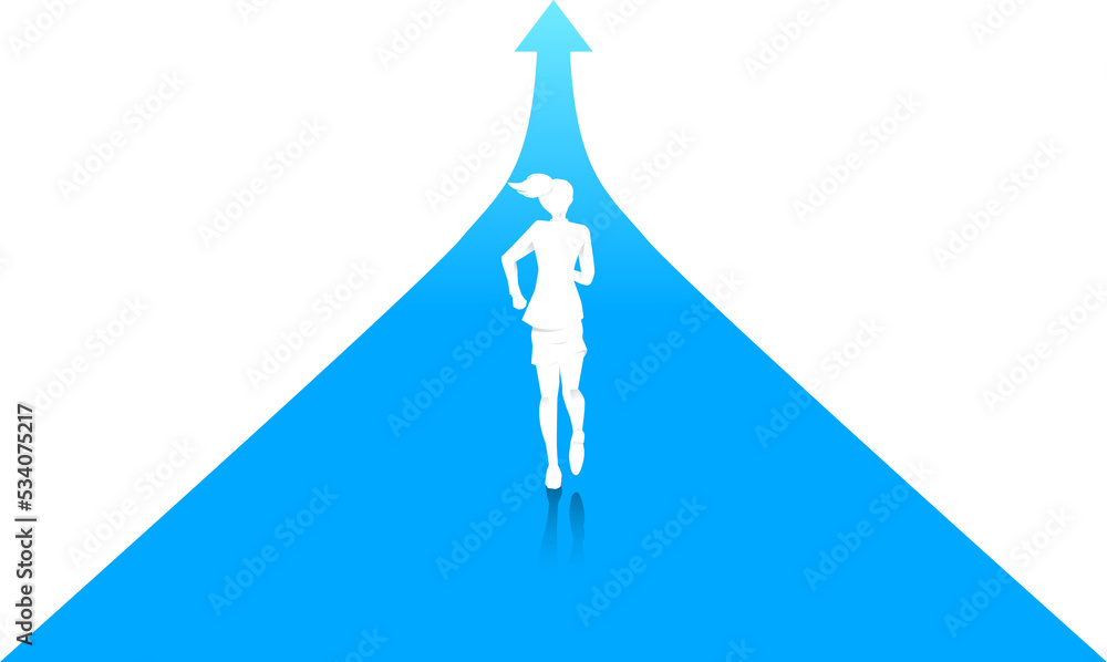 Route to success. Silhouette of businesswomen running forward with arrow. Concept of people ready to