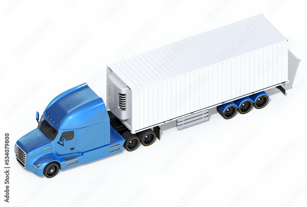 Blue fuel cell powered heavy truck with reefer container isolated on white background.  Isometric vi