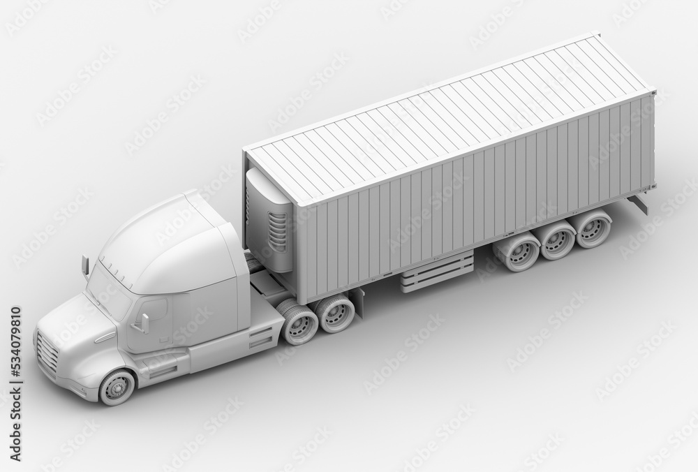 Clay rendering of heavy truck with reefer container. Isometric view. Cold chain concept. 3D renderin