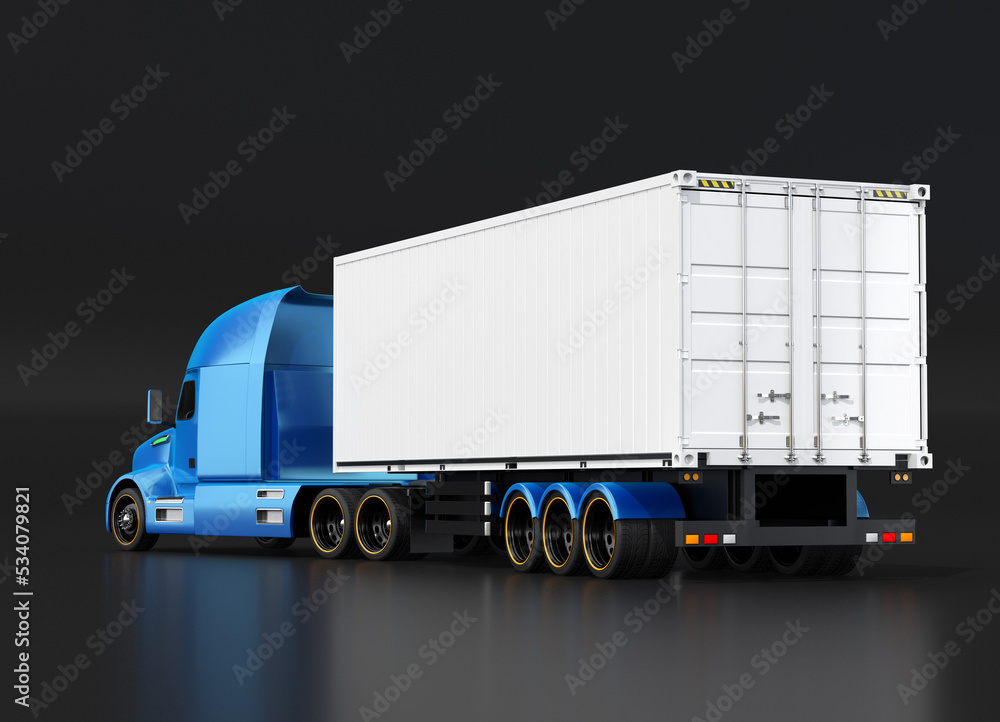 Rear view of blue heavy truck with reefer container on black background. Cold chain concept. 3D rend