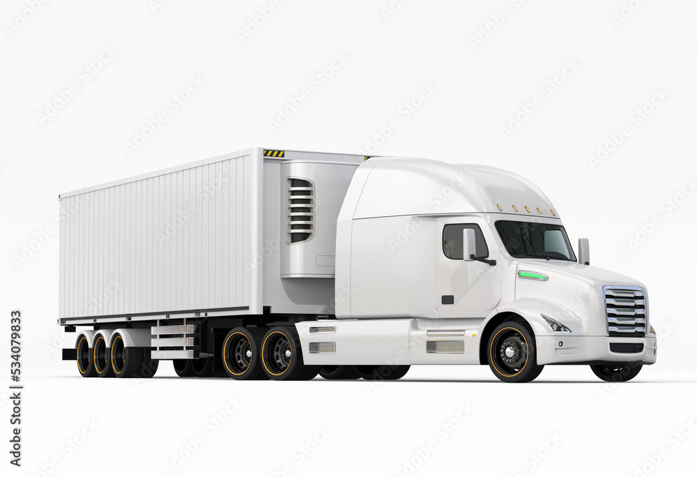 White fuel cell powered heavy truck with reefer container on white background. Cold chain concept. 3