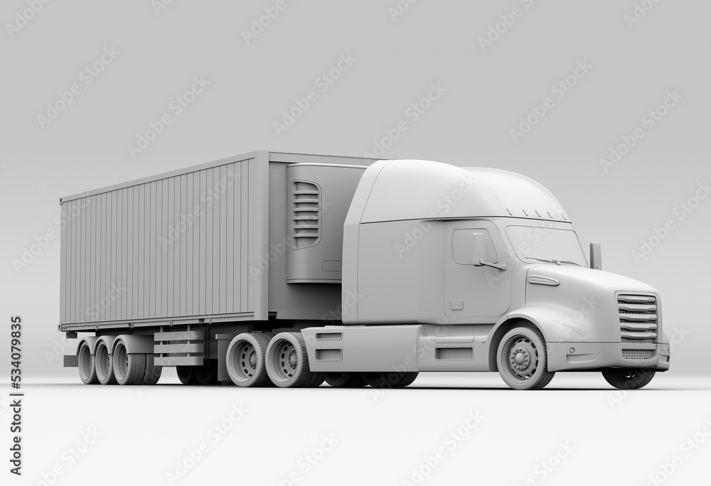 Clay rendering of heavy truck with reefer container. Cold chain concept. 3D rendering image.