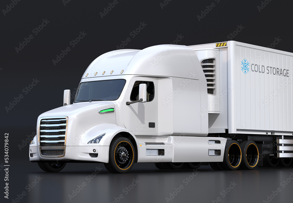 White fuel cell powered heavy truck with reefer container on black background. Cold chain concept. 3