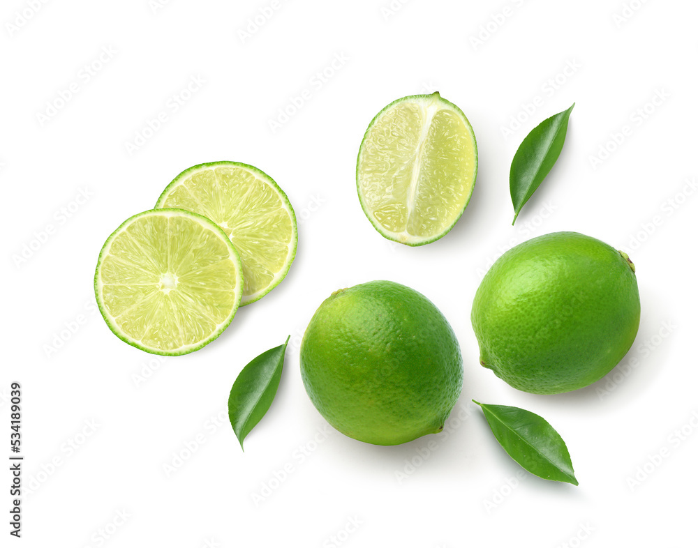 Flat lay of fresh lime with  cut in half and leaves isolated on white background.Clipping path.