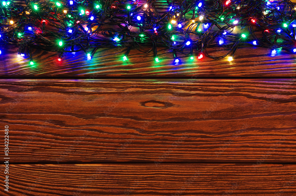 Christmas lights and vintage wood