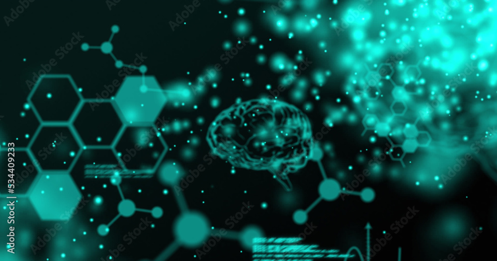 Human brain, chemical structures and data processing against black background