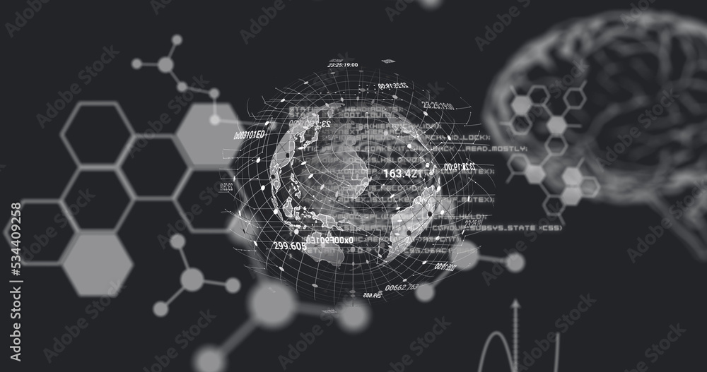 Image of globe rotating over scientific data on black background