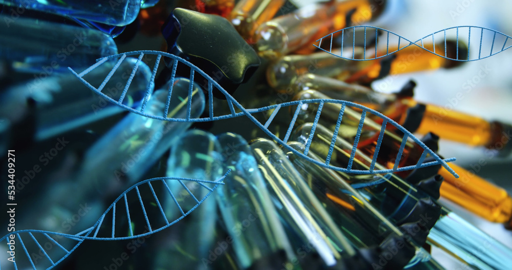 Multiple dna structures spinning against multiple test tubes in centrifuge spinning at laboratory