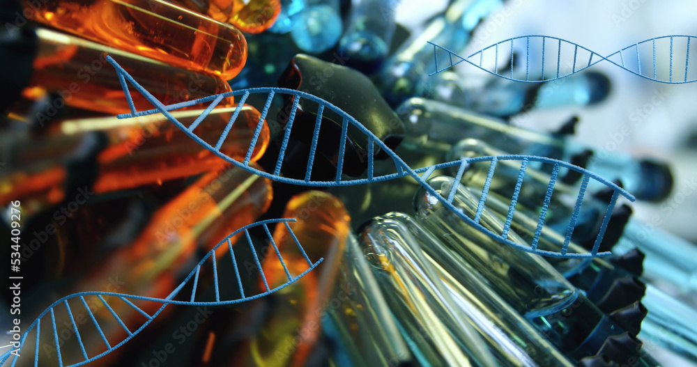 Multiple dna structures spinning against multiple test tubes in centrifuge spinning at laboratory