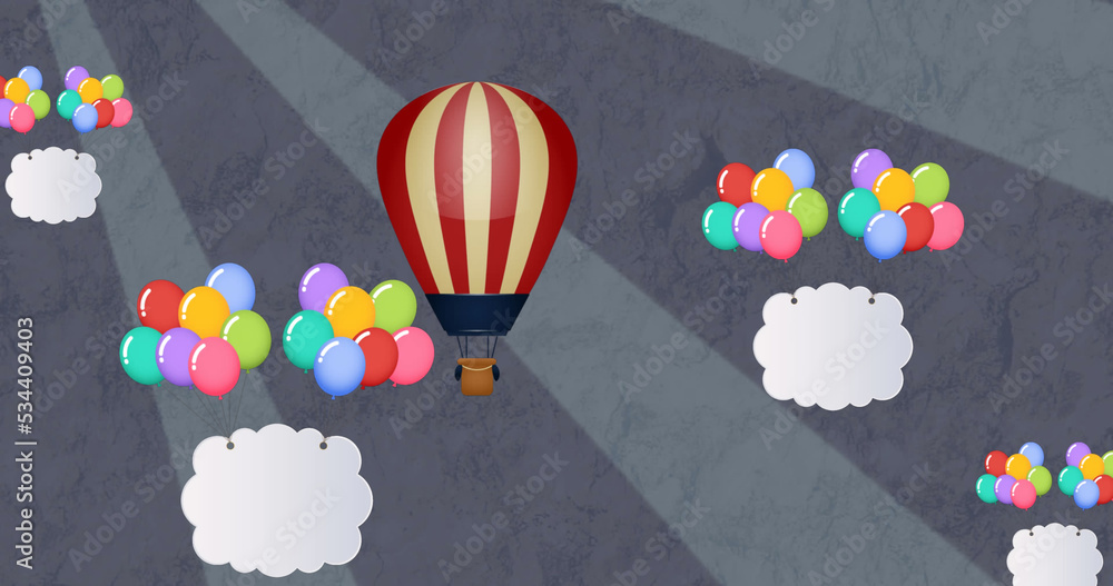 Image of colorful balloons flying with clouds and hot air balloon over grey background