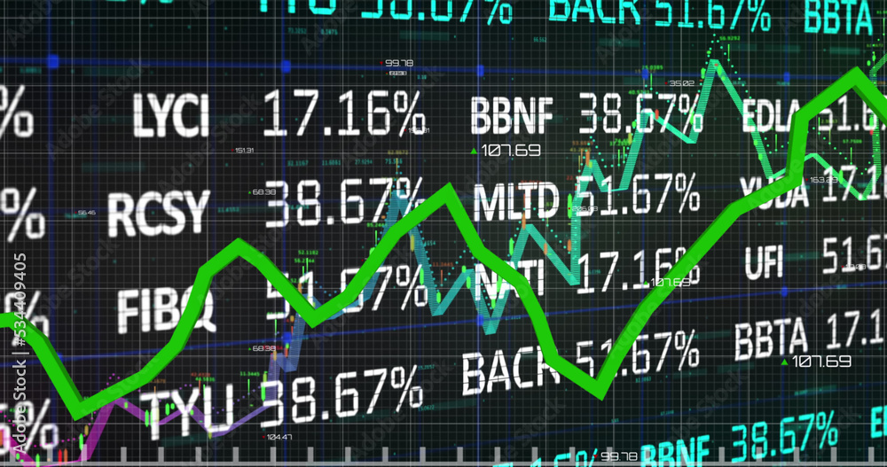 Image of stock market over financial data processing on black background