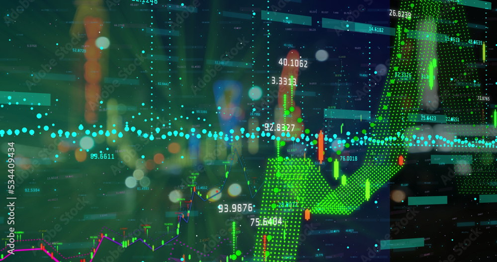 Composite image of financial data processing against night city traffic