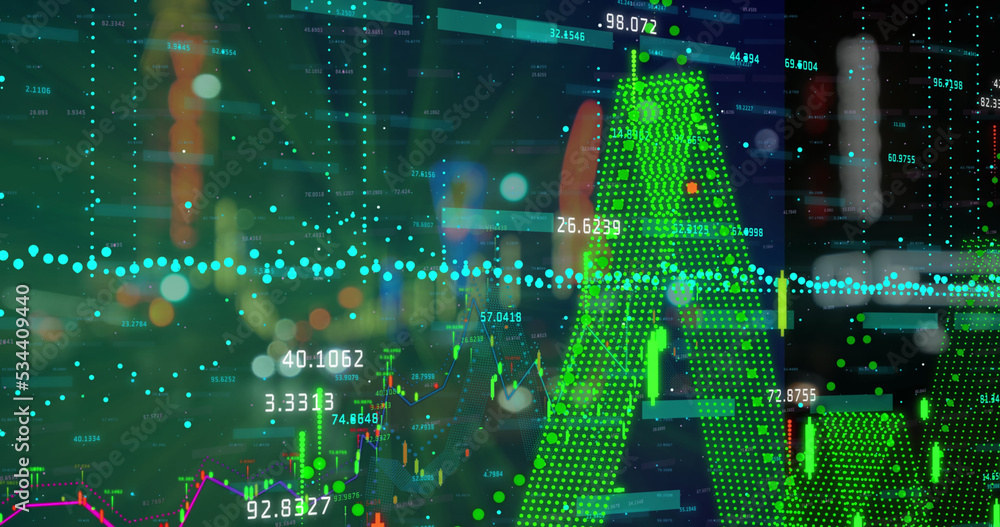 Composite image of financial data processing against night city traffic