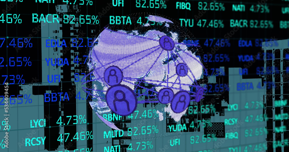 Image of globe of connections over stock market on black background