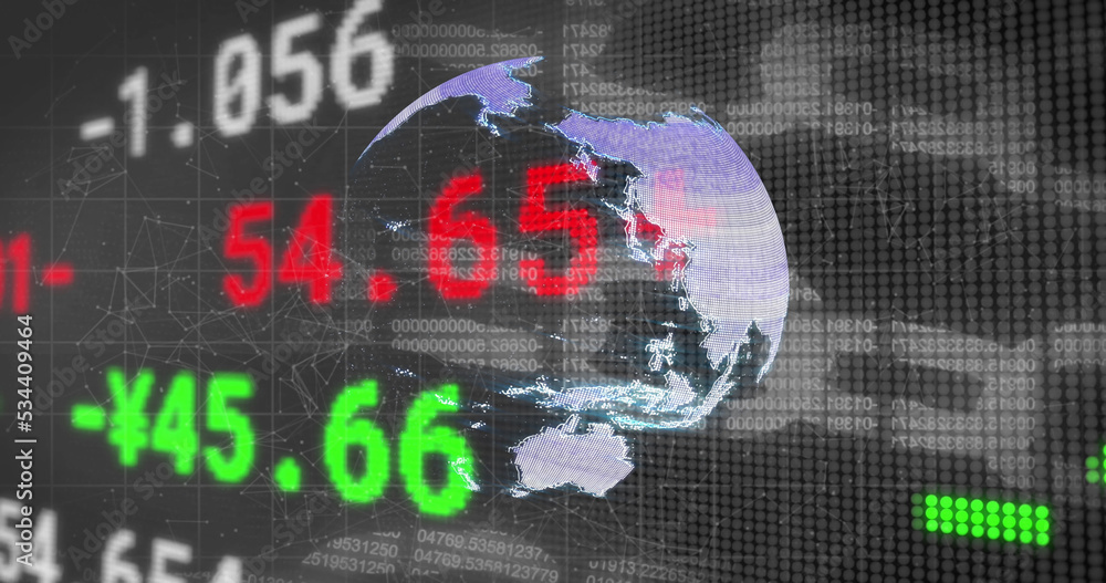 Image of stock market over globe and data processing on black background