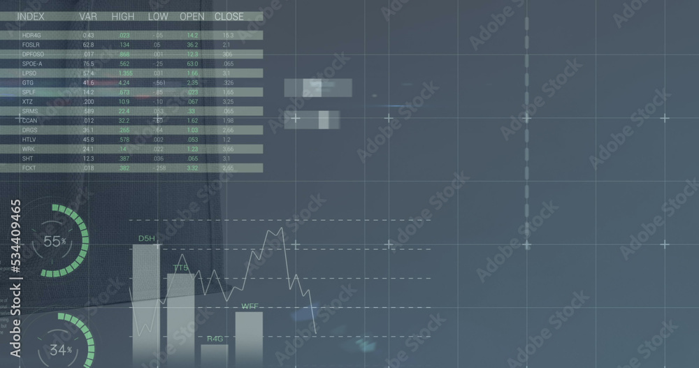 Image of statistics and data processing over stock market on screen