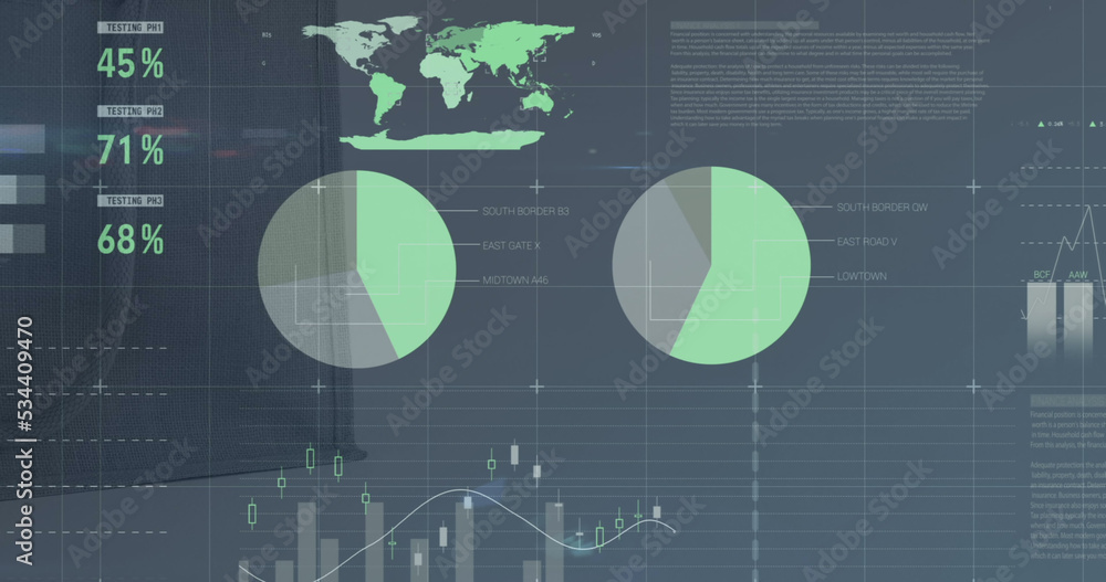 Image of statistics and data processing over stock market on screen