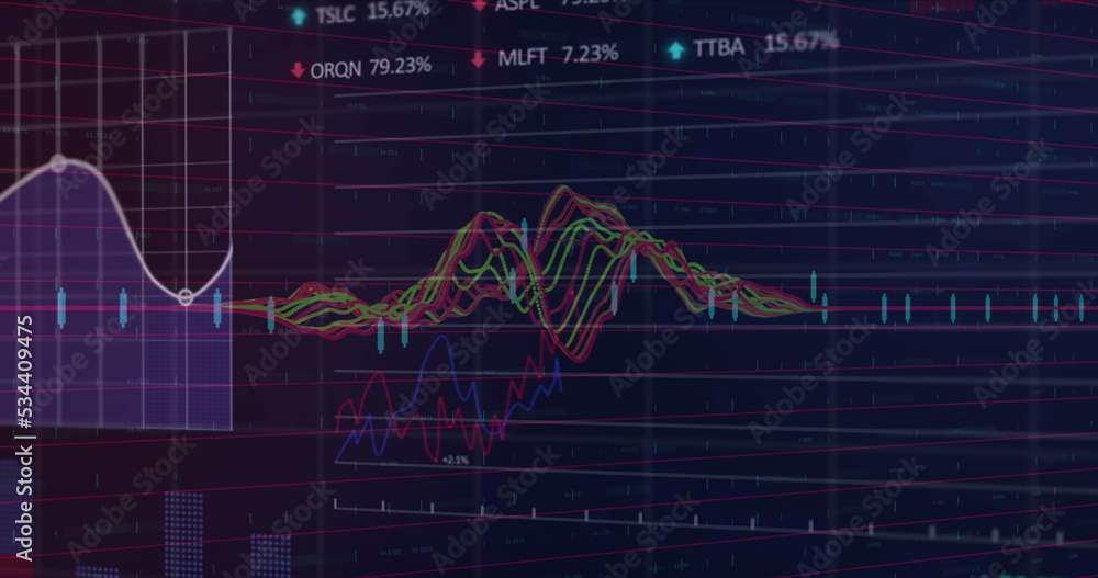 Digital image of statistical and stock market data processing against blue background