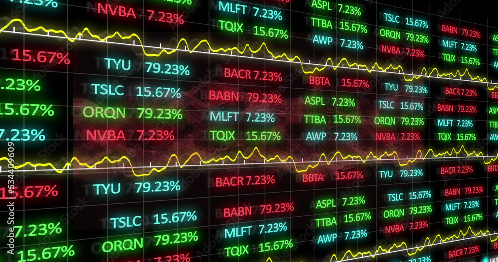 Digital image of stock market data processing against red digital wave on black background