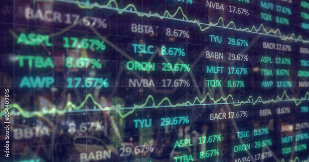 Composite image of stock market data processing against night city traffic in background