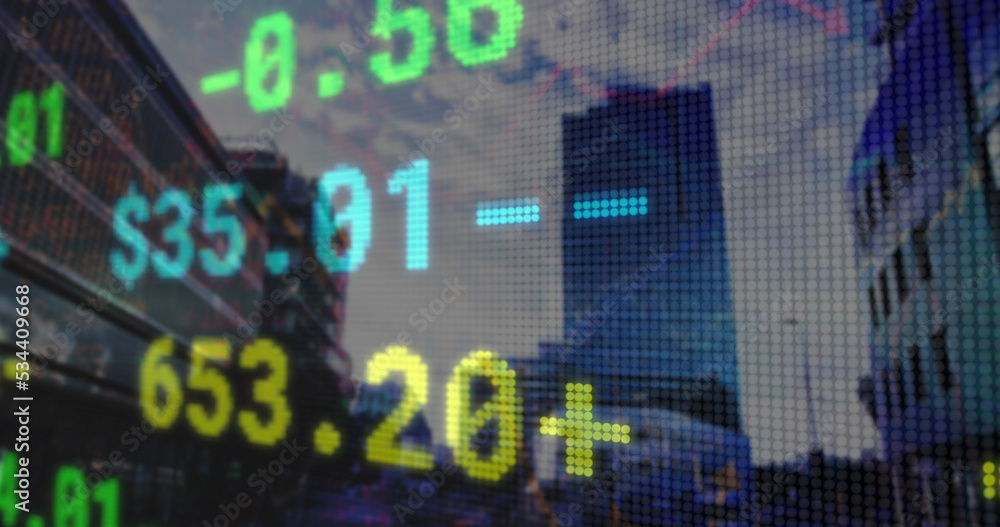 Composite image of stock market data processing against tall buildings in background