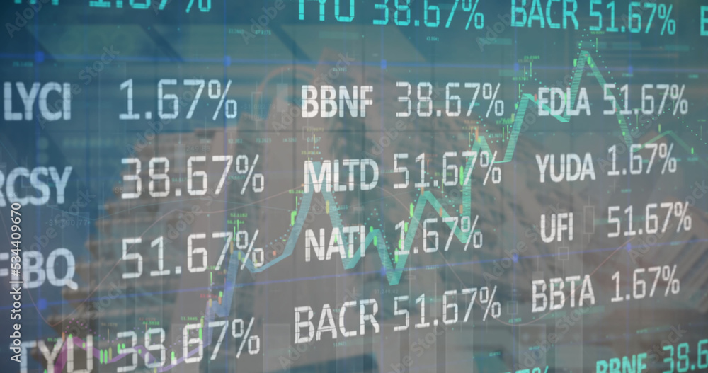 Composite image of stock market data processing against tall buildings in background