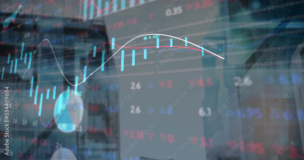 Statistical and stock market data processing against tall buildings in background