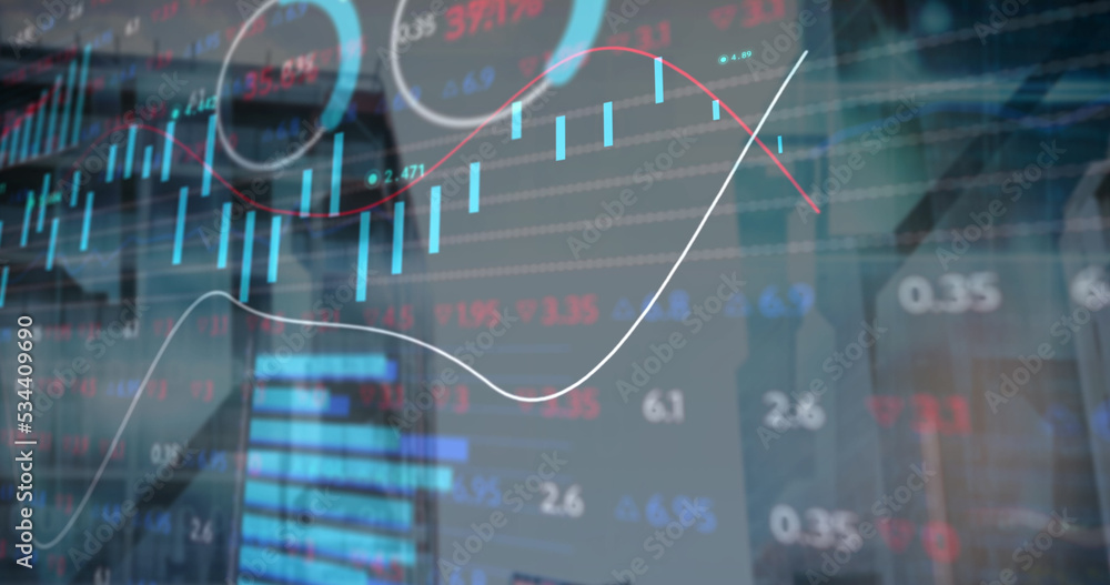 Statistical and stock market data processing against tall buildings in background