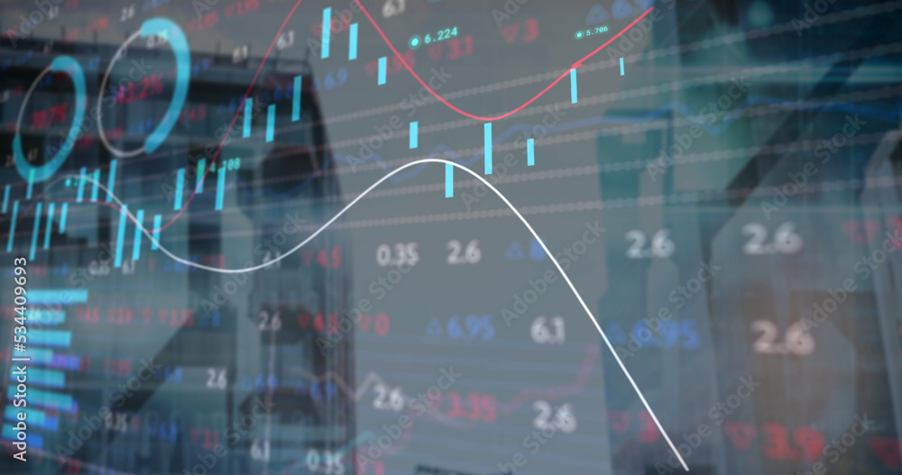 Statistical and stock market data processing against tall buildings in background